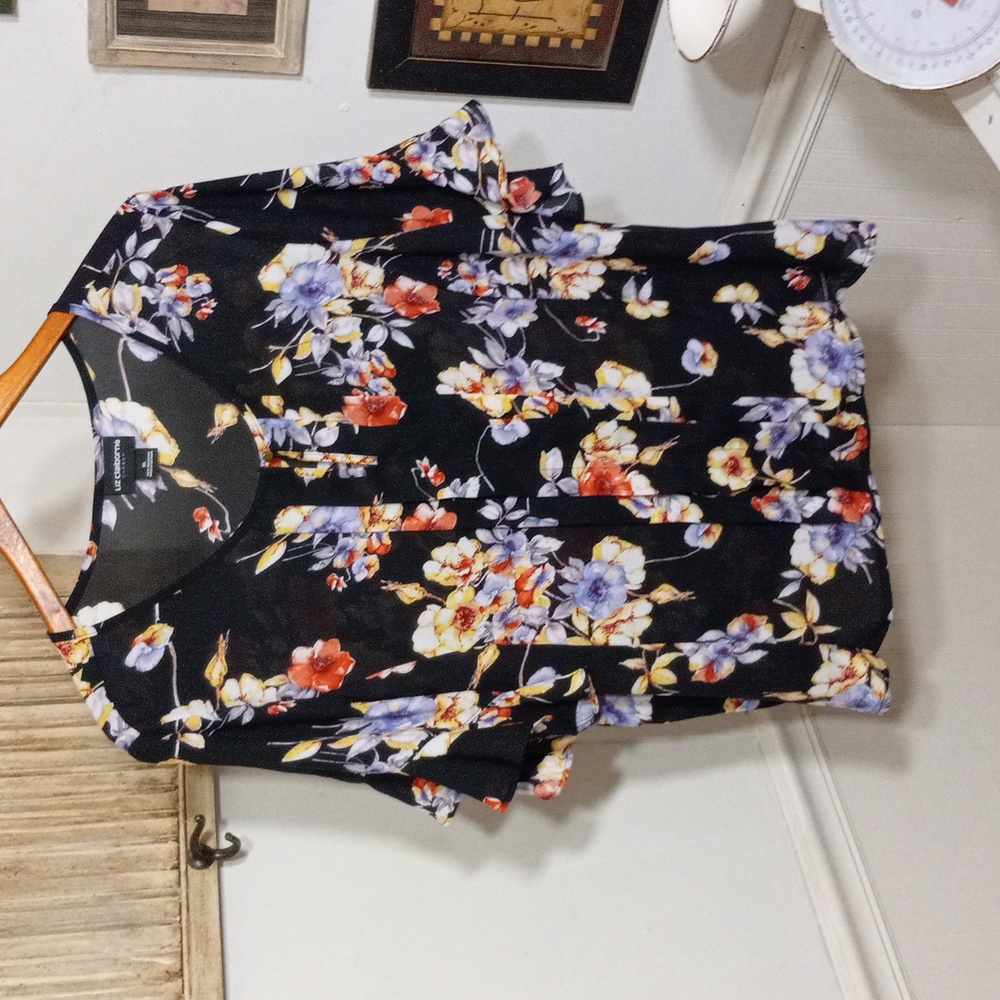 Liz Claiborne black, purple, pink, floral ruffled  sleeve blouse
